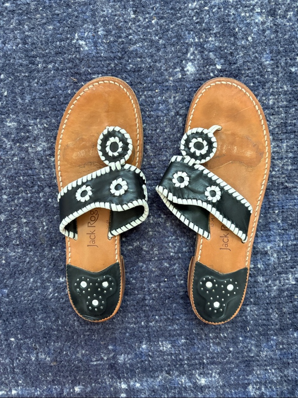 Jack Rogers Black and White Leather Whipstitch Sandals